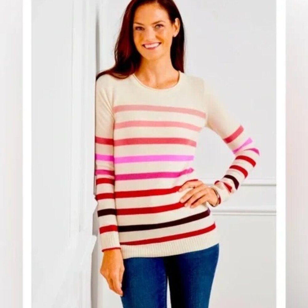 TALBOTS 100% Cashmere Crewneck Striped Pullover Sweater Size L Ivory